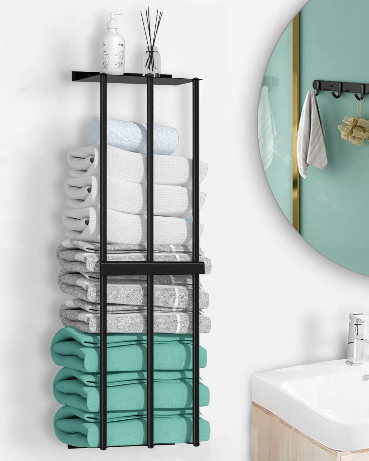 BARONAGE Wall Towel Rack for Rolled Towels, 3 Bar Bath Towel Holders with Metal Top, Bathroom Towel Storage Wall-Mounted Towel Holder for Folded Large Rolled Towel Washcloths