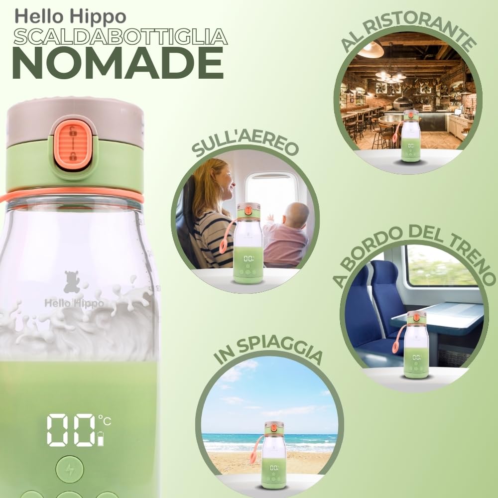 Scaldabiberon Nomade 300 ml – Senza fili, batteria ricaricabile USB, auto – temperatura regolabile 37 – 50 °C con mantenimento al caldo – Graduazione 30 ml – ideale per latte e acqua in viaggio