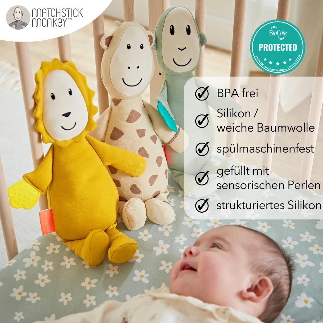 Matchstick Monkey Plush Toy Sensory Teething Teddy Gift Set, Soft Cotton, Filled with Sensory Beads, Antimicrobial Protection, 3 Months +, Lion