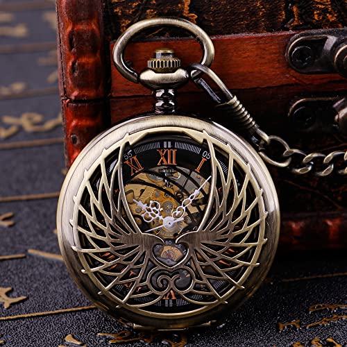 Whodoit Double Open Vintage Eagle Wing Mechanical Pocket Watch, Skeleton Case Roman Numerals Bracelet Men's Pocket Watch #TOP3