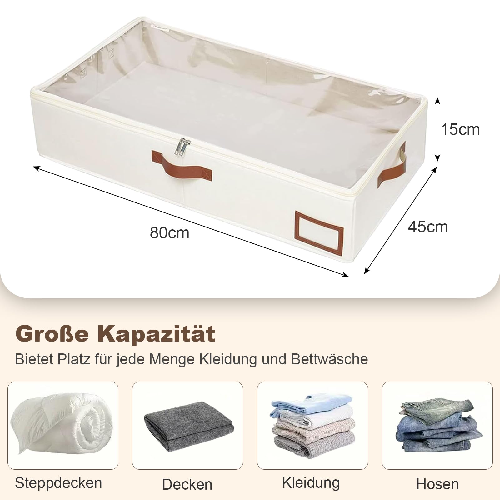8 contenitori sotto il letto, con coperchio, 600D, con chiusura lampo e maniglie, pieghevole, per vestiti, copriletti, coperte (80 x 45 x 15 cm)