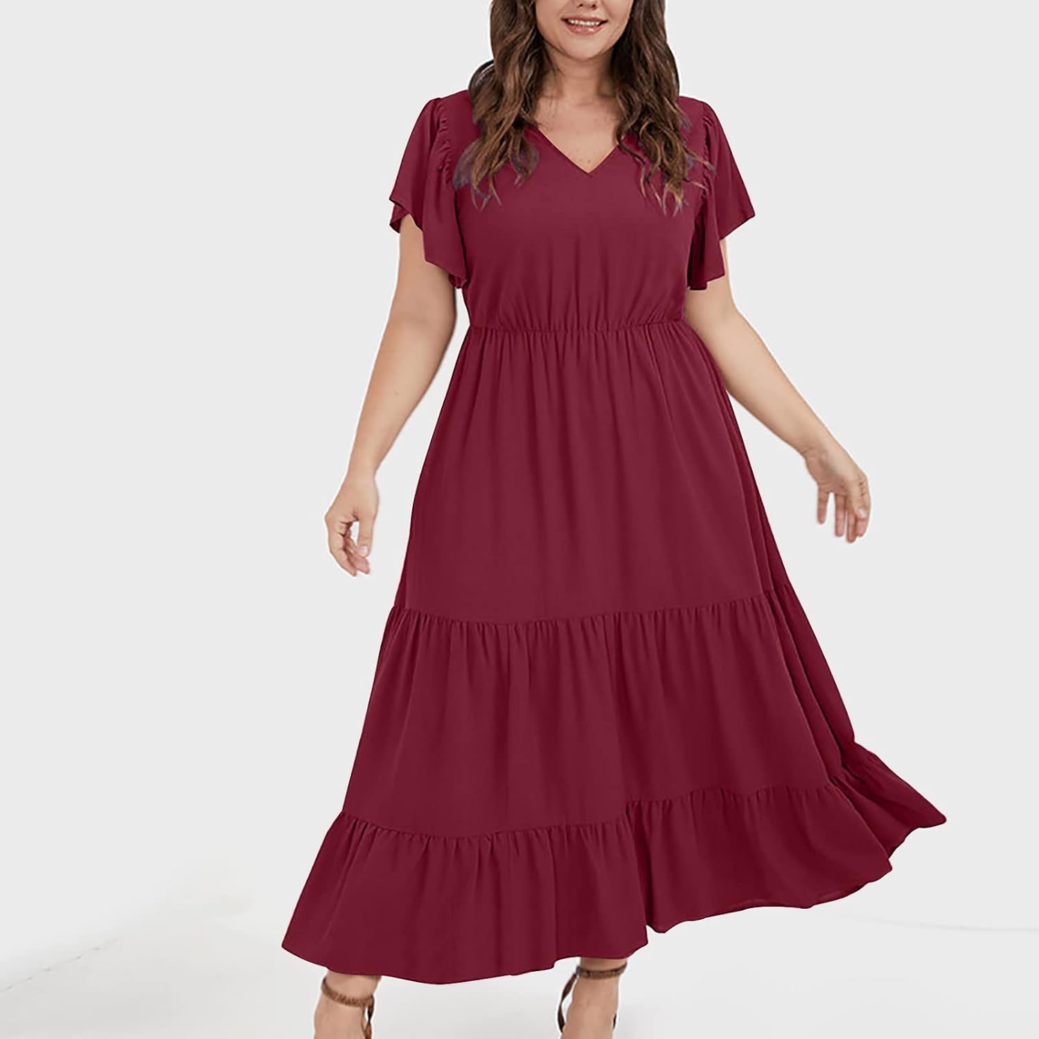 Women Plus Size Summer Midi Dress Tiered Casual Short Sleeve V Neck Loose Swing Dresses with Ruffle Sleeve and Pocket