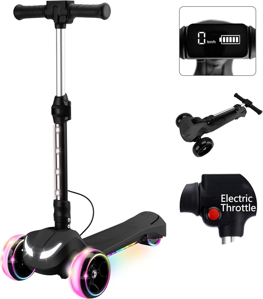24V Electric Scooter for Kids w/150W Powerful Motor, Thumb Throttle, LCD Screen, Bluetooth, Light-Up Stem Deck & Wheels, 3 Adjustable Heights, 5MPH Safe Speed, 3 Wheel Electric Scooter for Kids