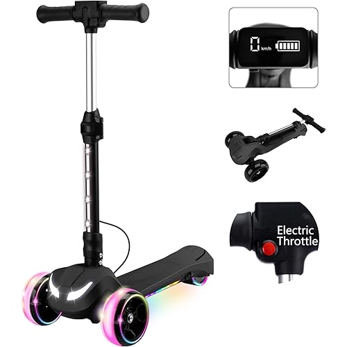 24V Electric Scooter for Kids w/150W Powerful Motor, Thumb Throttle, LCD Screen, Bluetooth, Light-Up Stem Deck & Wheels, 3 Adjustable Heights, 5MPH Safe Speed, 3 Wheel Electric Scooter for Kids
