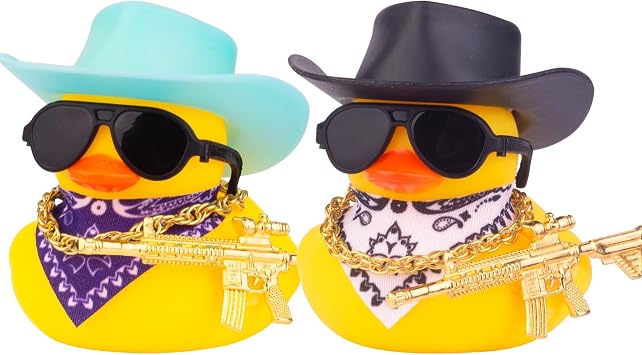 2PS Rubber Duck Dashboard Decoration, Yellow Duck Car Ornament Cute Accessory with Cowboy Hat Necklace Sunglasses Cool Prop for Dashboard Decorations Black & Light Blue