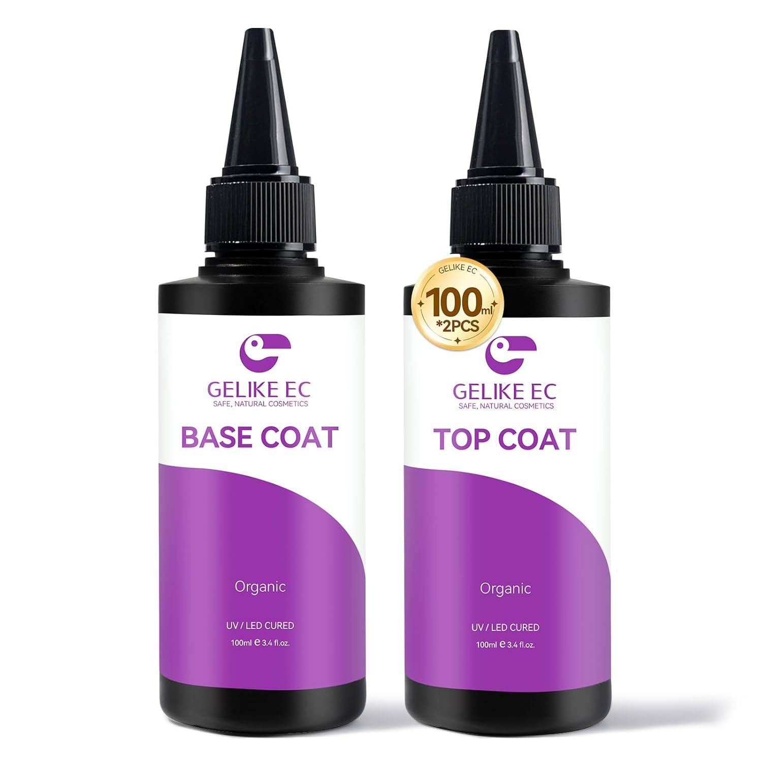 gelike ec Base Gel Top Coat Set: 2x100ml Hema Free Great Value Refill for Nail Techs Manicure Salon Store Compatible with All Gel Nail Polish & Acrylic Nails