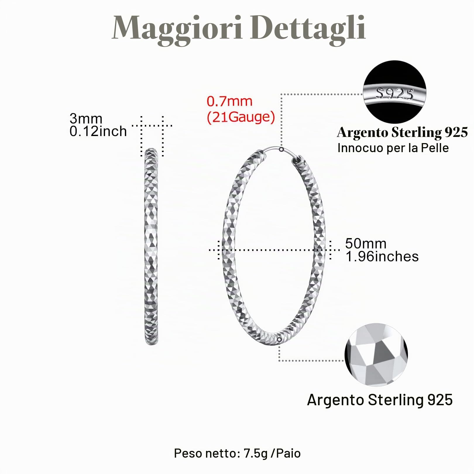 FOCALOOK Orecchini Donna Argento Cerchio 30/50/70mm Cerchi in Argento 925 Orecchini a Cerchio in Argento Confezione Regalo
