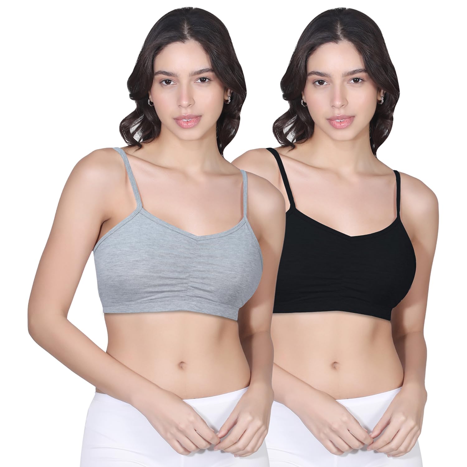 Essentials Padded Sports Bra for Women's, High Impact Bralette Sports Bra, Removable Pads, Non Wired T-Shirt Bra, Elasticated Underband, Daily Use Running Bra (Pack of 2, Grey & Black)-image-38