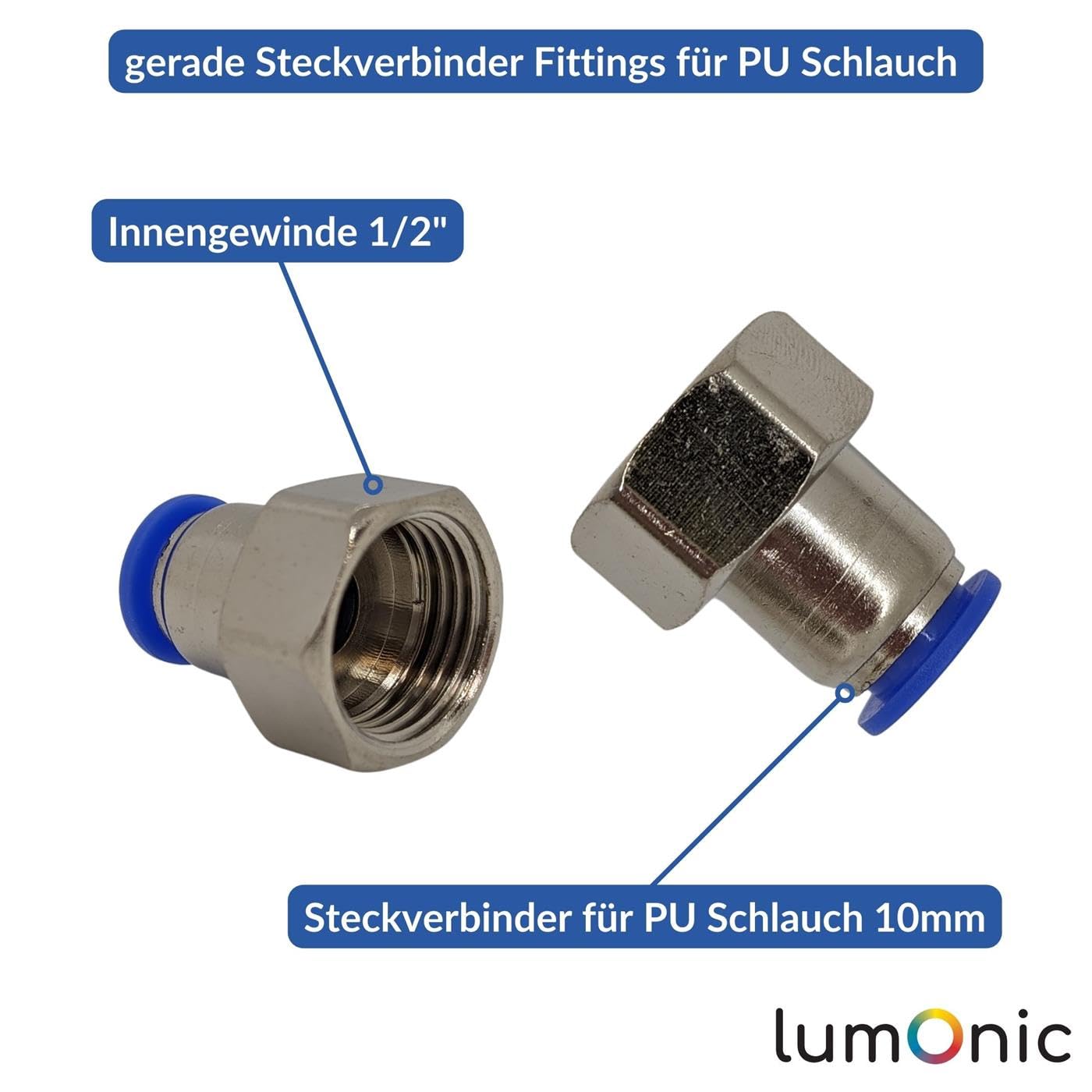 Lumonic 20x I Racor de conexión de manguera de PU con rosca hembra I 10mm*1/2inch I recto I Cierre rápido I Conector neumático I Conector de manguera I Aire comprimido