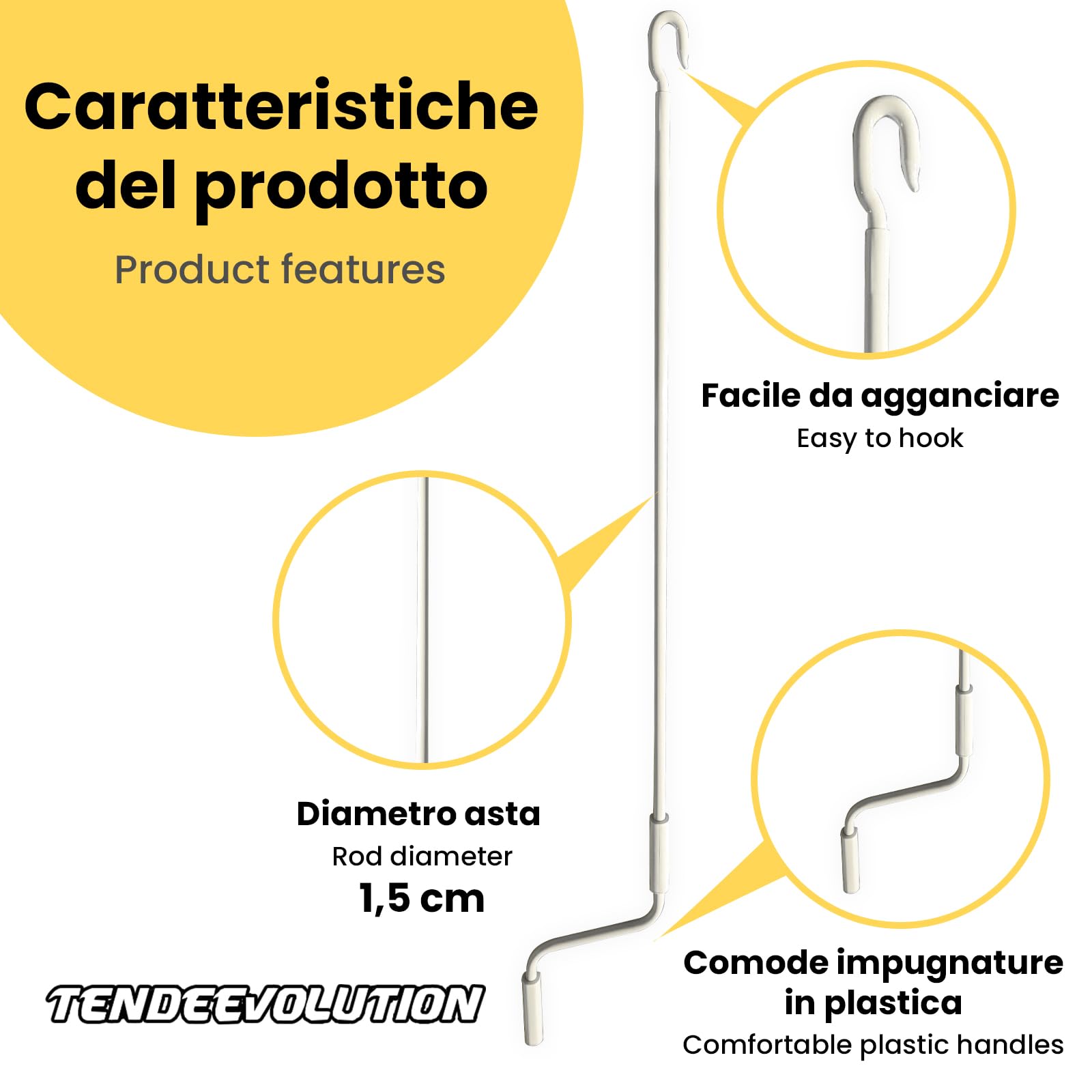 TENDEEVOLUTION Manivela Toldo de Hierro Galvanizado 100-250 cm, Palo Toldo con Gancho y Manivela Ergonómica de Plástico, Asta de Diámetro 1,5 cm (NEGRO, 180 CM)