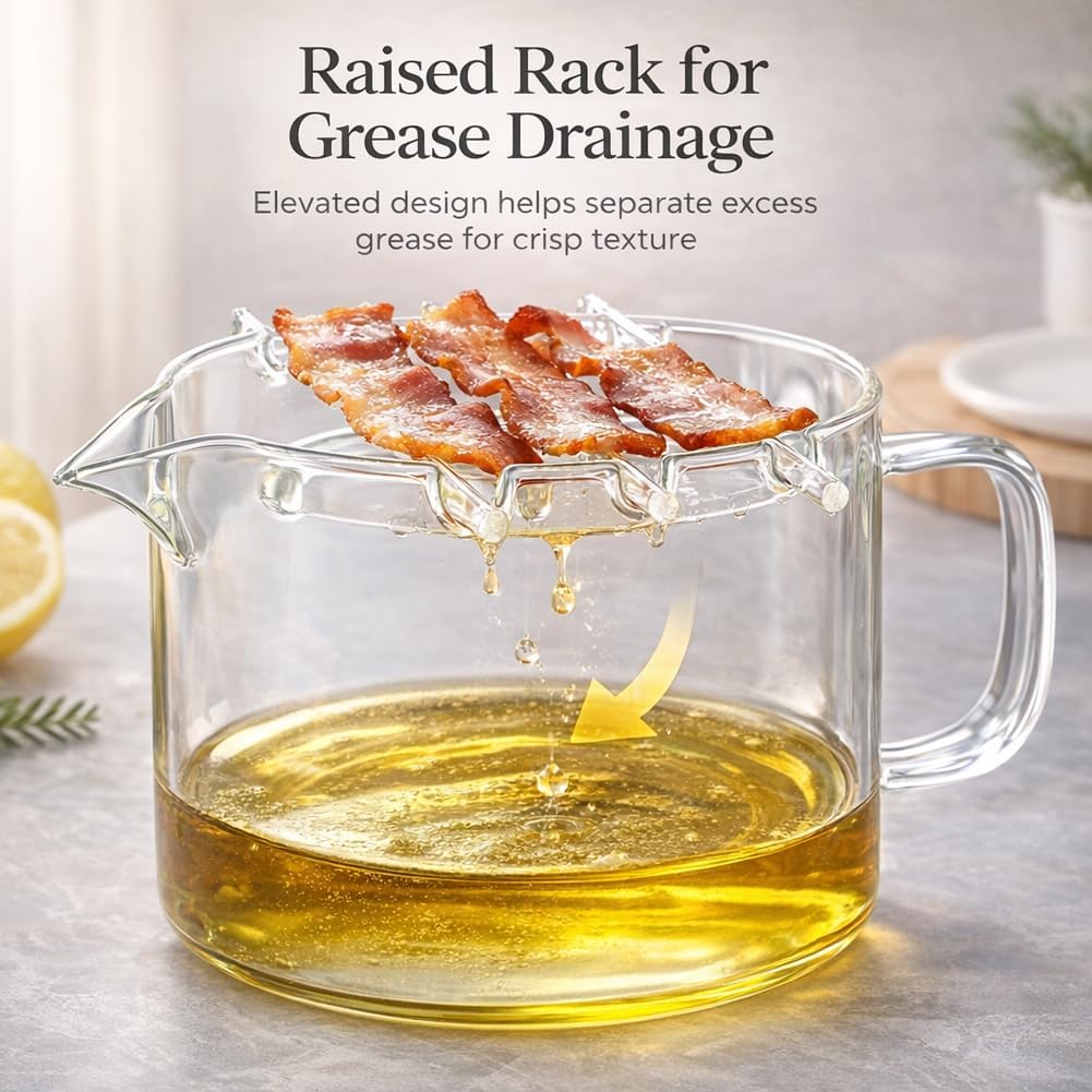 Glass Microwave Bacon Cooker with Lid, Glass Bacon Cooker for Microwave Oven, 2.1L 74Oz Borosilicate Glass Bacon Grill, Heat Resistant, Non Stick Oil, Easy Clean Bacon Tray (2pcs)