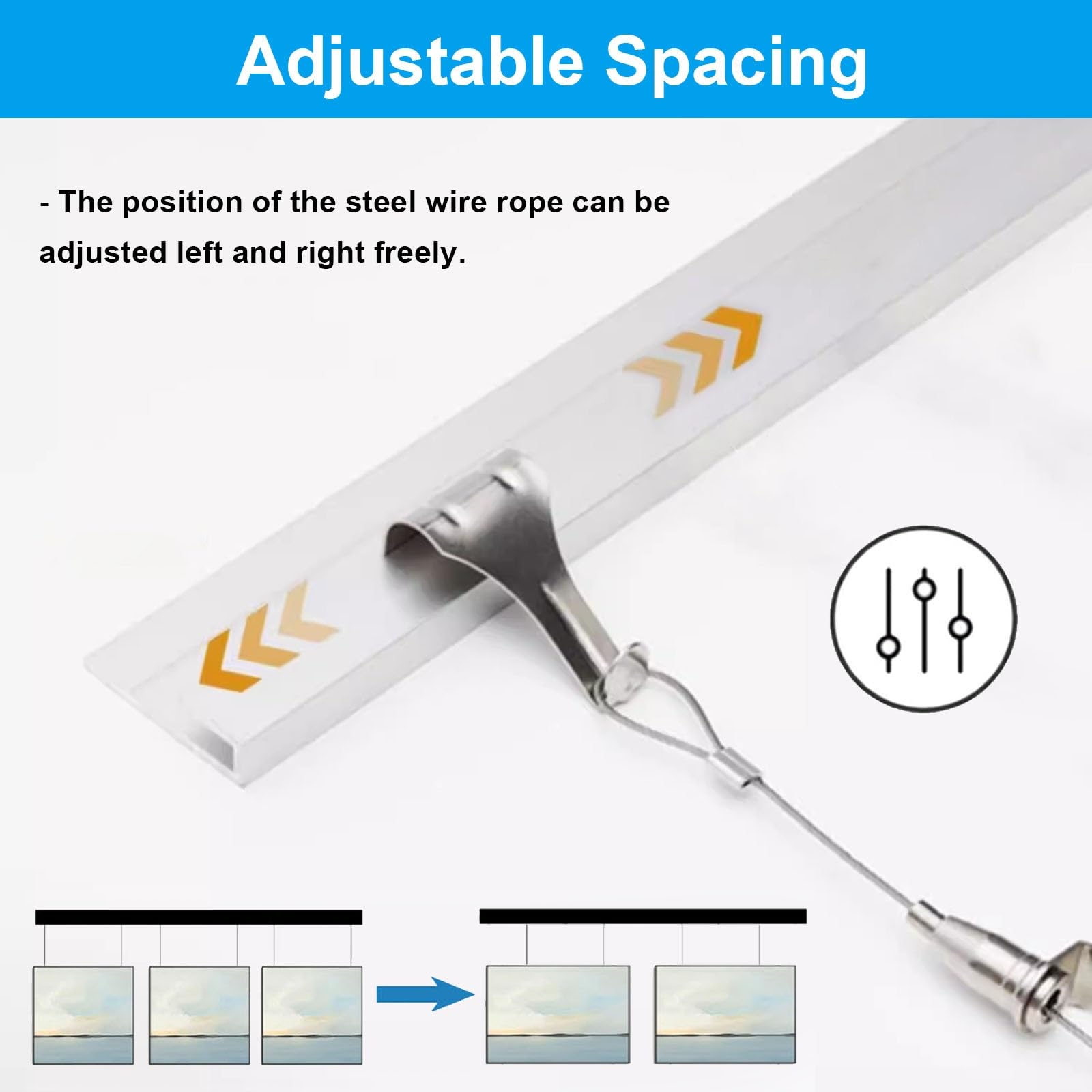 Adjuble Silver zestaw szyn do ekspozycji zdjęć – stop aluminium 114 cm z 2 stalowymi kablami i obręczą do dzieł sztuki, galerii, dekoracji domu - łatwe zawieszenie Solut