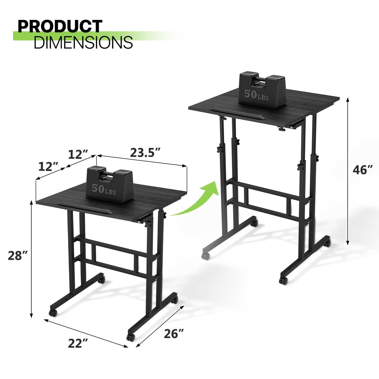 Magshion Standing Desk with Wheels Height Adjustment from 28 to 46 Sit to Stand Up Mobile Computer Desk — view 3