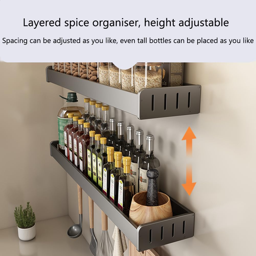 Organizador de especias gris montado en la pared, estantes de almacenamiento de cocina, fácil de montar, soporte de especias para armarios, organizador de especias esencial para cocinar en casa