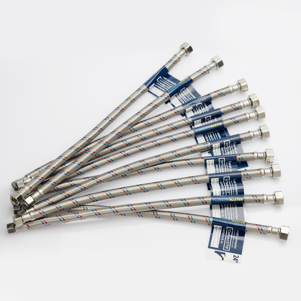 Conector de manguera de grifo de 24 pulgadas (3/8 pulgadas Comp x 1/2 pulgada FIP), líneas de suministro de agua trenzadas de acero inoxidable para grifo de baño, cocina, fregadero, 10