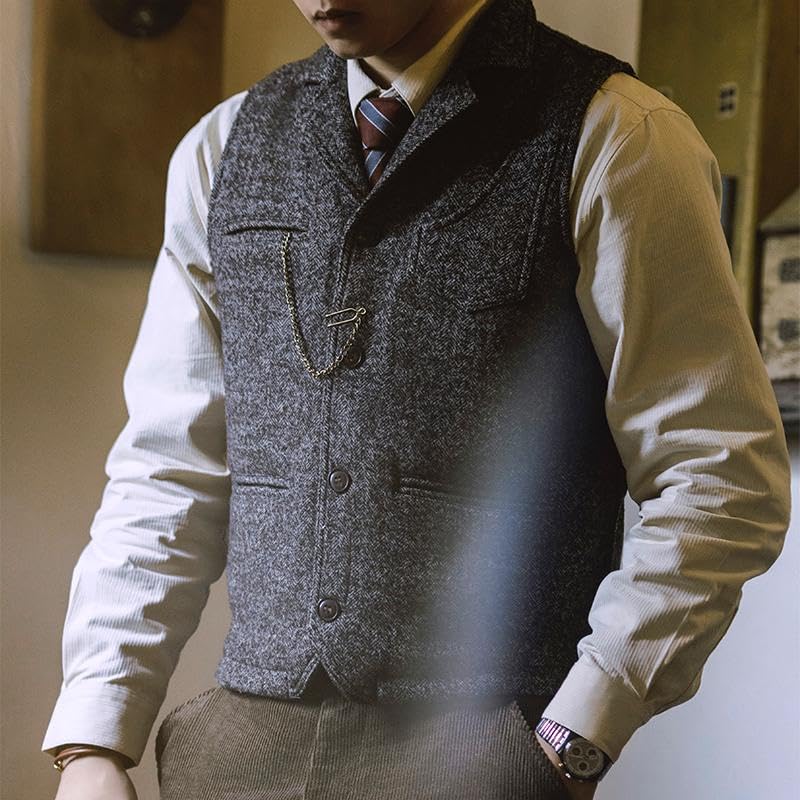 SevenBoy Men's Western Herringbone Wool Blend Buttoned Sweater Vest Tweed with Pockets Slim Fit Waistcoat2