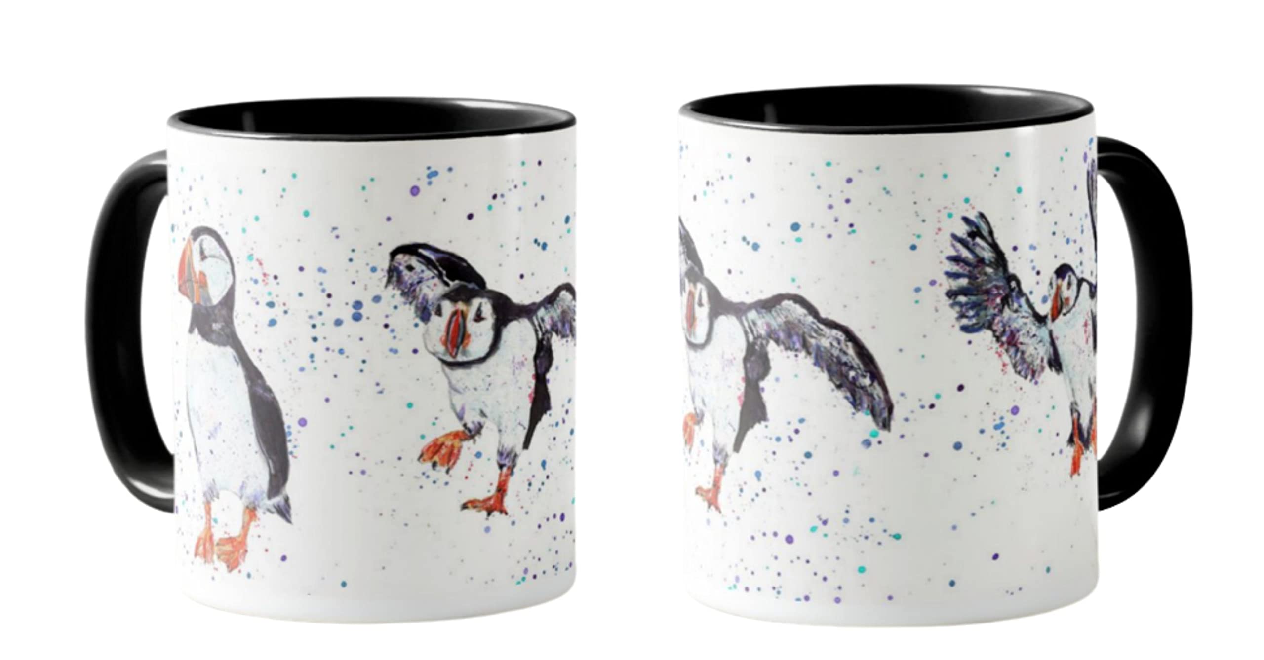 Vixar Black Puffin Bird Watercolour Art Coloured Mug Cup Gift Birthday Work Office Christmas Tea Coffee (Black)