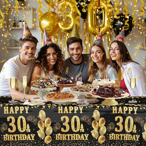 Image of Labeol 3 Pack 30th Birthday Tablecloth, Black and Gold Happy 30th Birthday Decorations, Disposable Plastic Rectangular Table Cover Party Supplies for Men Women