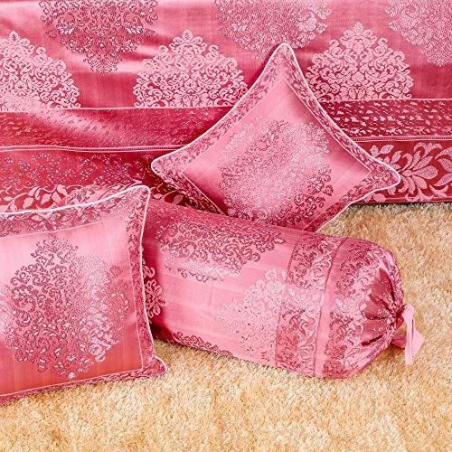 Image of Victor Poly Cotton Styria Satin Diwan Set 8 Pcs (1 Bedcover - 60 inchx90 inch, 2 Bolsters - 16 inch x 32 inch & 5 Cushion Covers - 16 inch x 16 inch) Damask Geometrical Pattern, Exclusive for Wedding, Pink