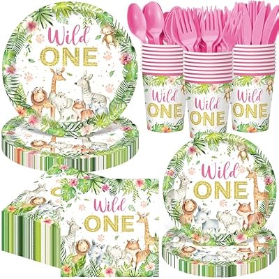 Funnymoom 400 Pcs Wild One Birthday Party Supplies for 50 Guests 1st First Safari Jungle Baby Shower Disposable Plate Napkin Cup Spoon Fork Knives for Girls Animal Party Decoration