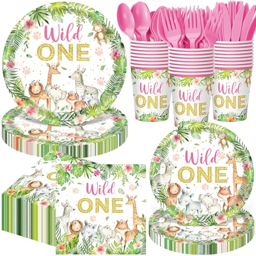 400 Pcs Wild One Birthday Party Supplies for 50 Guests 1st First Safari Jungle Baby Shower Disposable Plate Napkin Cup Spoon Fork Knives for Girls Animal Party Decoration