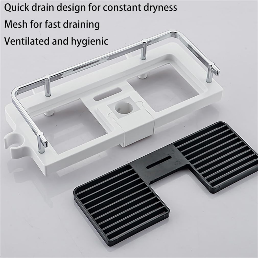 Estante de ducha elevable, estante de almacenamiento adhesivo sin taladro, fácil de instalar, soporte para barra de ducha sin perforaciones, accesorio moderno de agujero cuadrado blanco