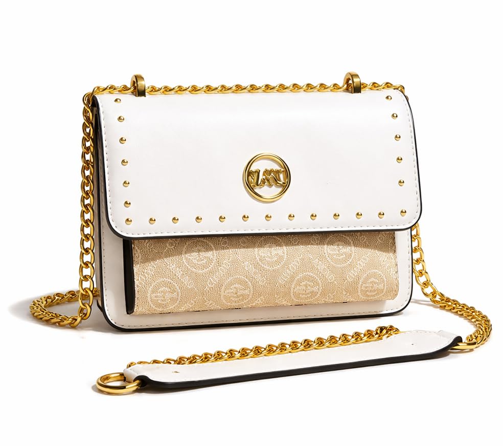 Image of Diva Dale MKF Crossbody Bag, White with Gold Chain Strap, Studded Design, Signature Logo