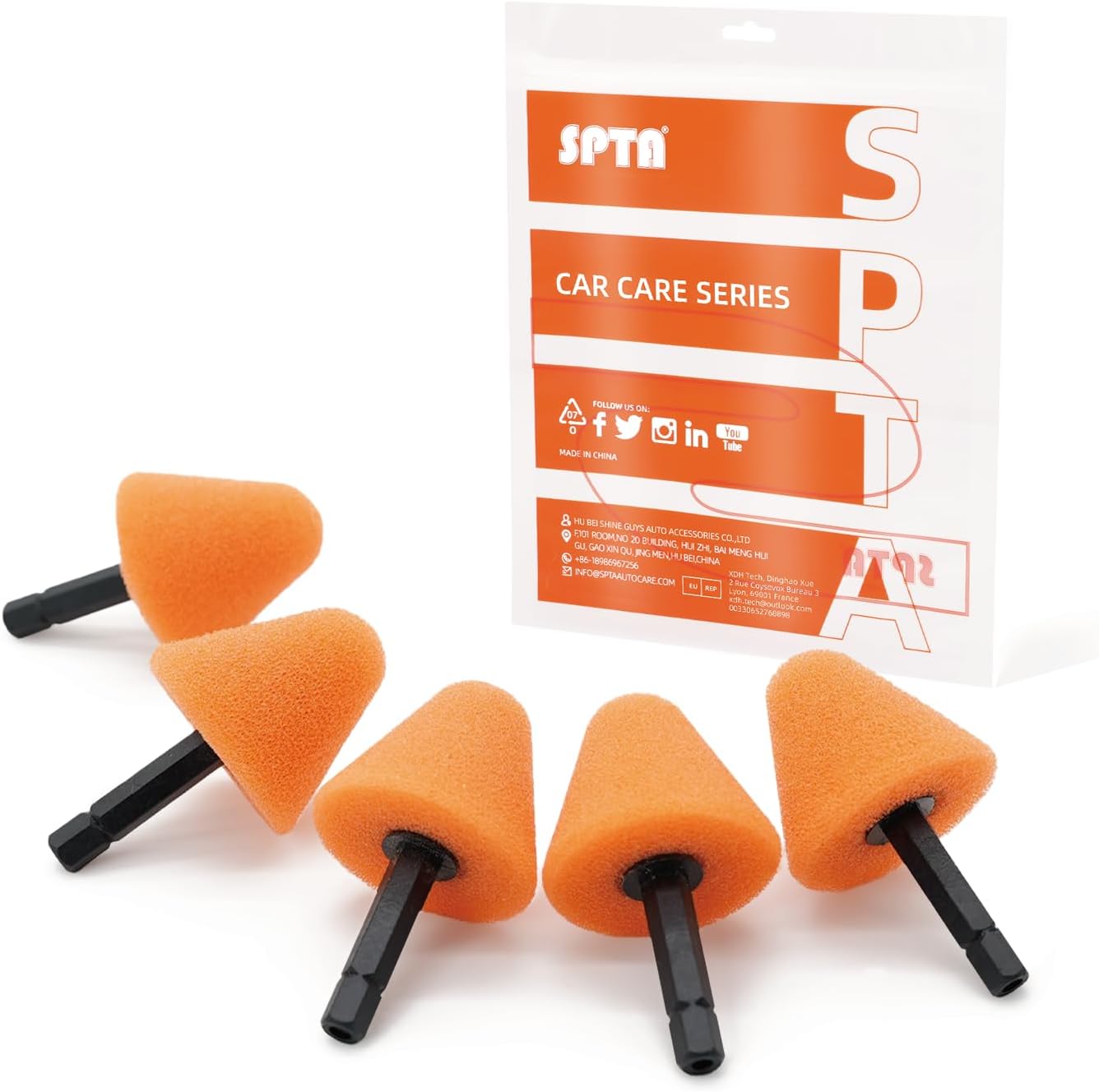 SPTA Orange Heavy Cut Pad, 5Pcs Orange Foam Cone Flexible Shaft Polishing Pad Set Perfectly Tailored for Small Area, polishing Door Handle recesses, Radiator grilles, Rims, and interiors -PT105-5
