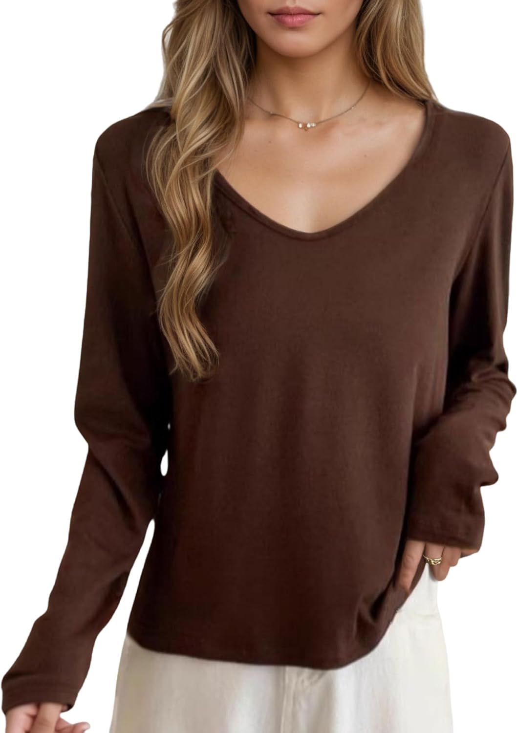 Long Sleeve Shirts for Women, V Neck White T Shirts Women Basic Solid T Shirt