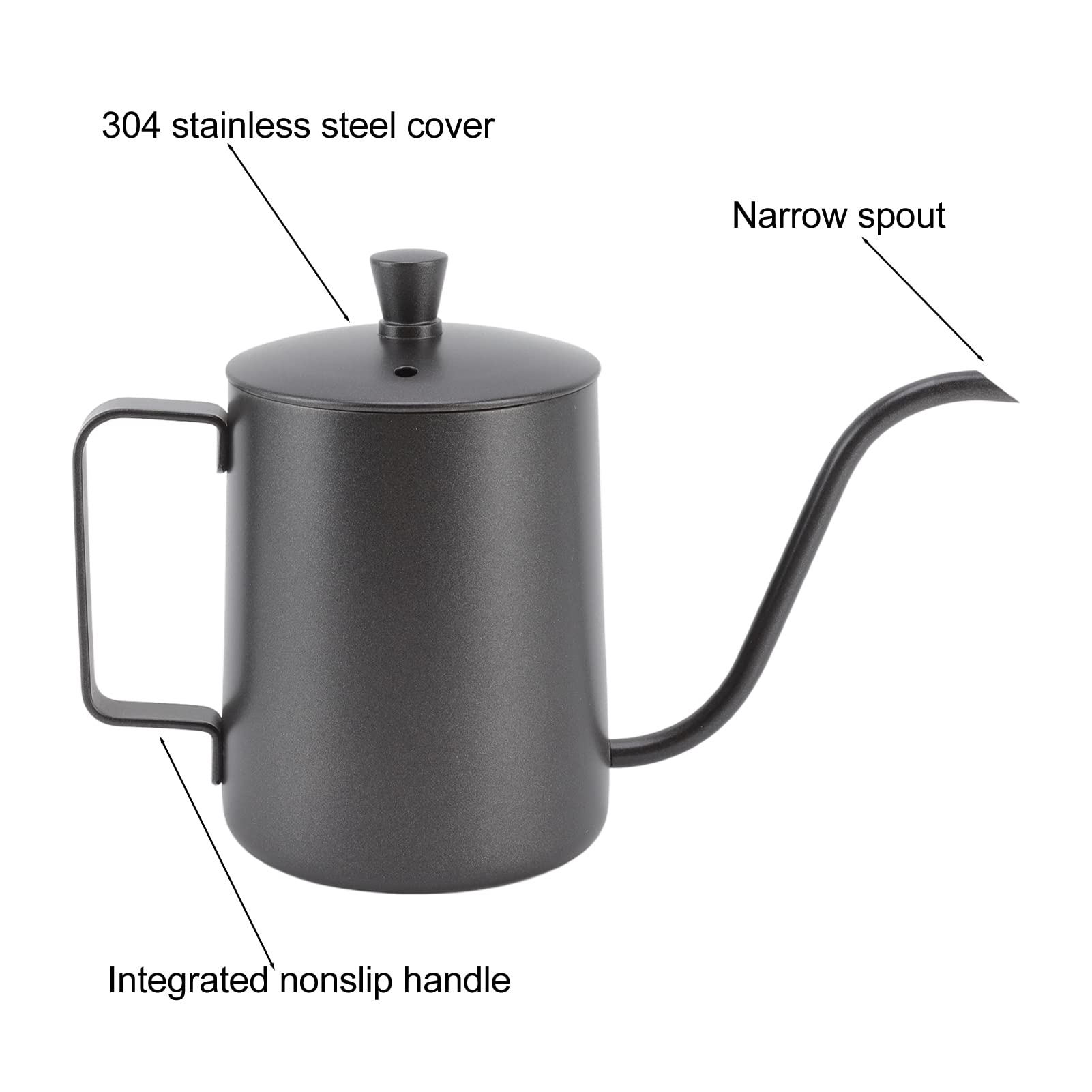 Czajnik do kawy, wąskie usta ze stali nierdzewnej Gooseneck Ekspres do kawy do domowego biura 350ml Silver (350ml PTFE Black)