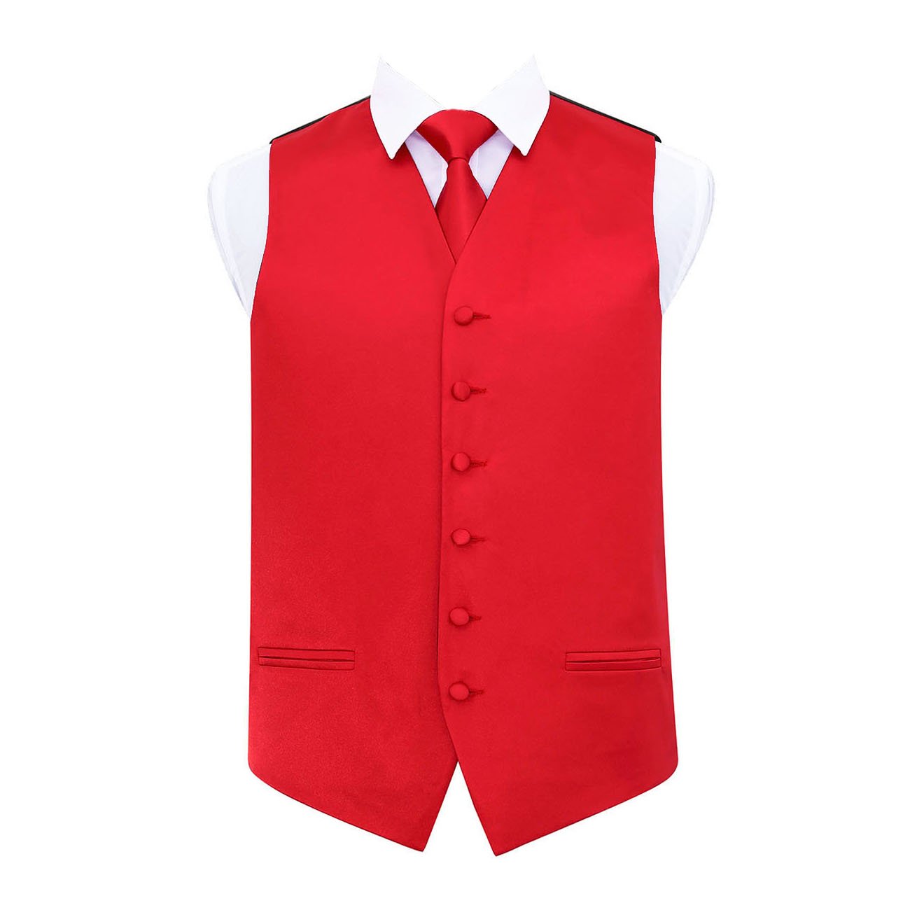 Dqt Men's Red Plain Satin Waistcoat & Tie Set (2Pc) - Wedding, Business & Formal - 44" (2Xl)