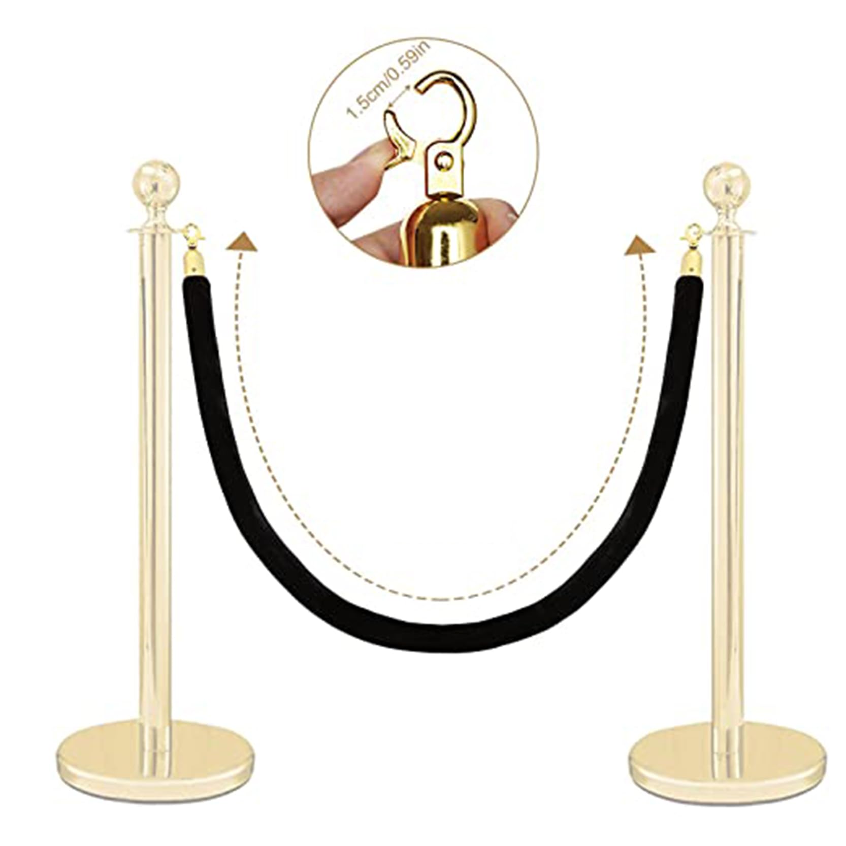 2 Paquetes Negro Cuerda de Puntal de Terciopelo,Cuerda de Barrera de Control de Multitudes con Ganchos Dorados,para Eventos de Alfombra Roja Apertura de Cines Banquetes d(Size:6ft/185cm,Color:Negro)