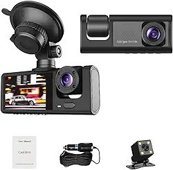 Câmera Veicular Full HD 1080p com 3 Câmeras (Frontal+Interna+Traseira) | LCD 4" | Visão Noturna, Sensor de Colisão, Detecção de Movimento, Estacionamento e Suporte Micro SD