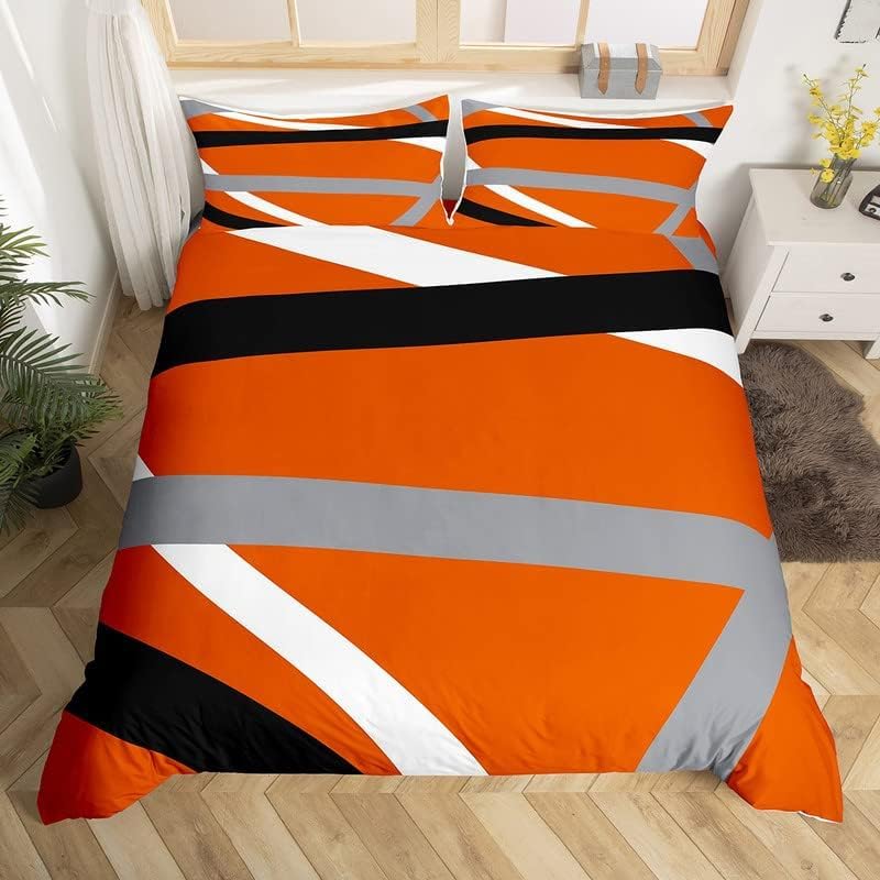 Homemissing Orange Schwarz Grau Streifen Bettbezug Set Moderne Abstrakte Geometrische Bettwäsche-Set für Frauen Männer Geometrie Linien Bettwäsche Set 135x200cm Atmungsaktive Bettbezug