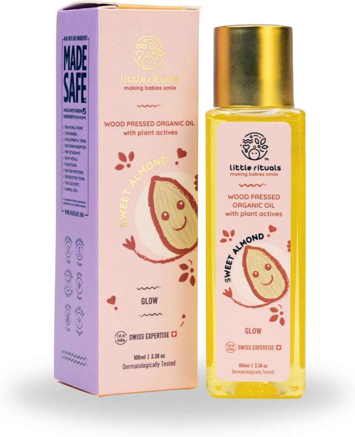 Little Rituals SWEET ALMOND (BADAM OIL) Baby Massage Oil and Hair oil, Cold Pressed and Certified ORGANIC with SWISS Plant Actives. Dermatologist Tested by Pediatrics, Mild & Gentle & Safe (100 ML)