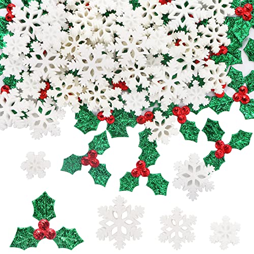 GOKEPO 100 Pieces Tiny Resin Snowflake Decorations with Holly Leaves, Berries, Glitter Snow Shaped Embellishments & Confetti for Christmas Tree, Home & Party Decor