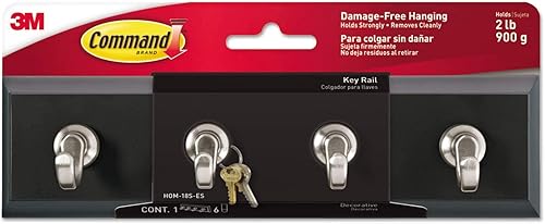 Command 3M HOM18SES - Riel decorativo para llaves, 8 pulgadas de ancho x 1 12 pulgadas de profundidad x 2 18 horas, negroplata, 4 ganchospaquete disponible en Yaxa Venezuela