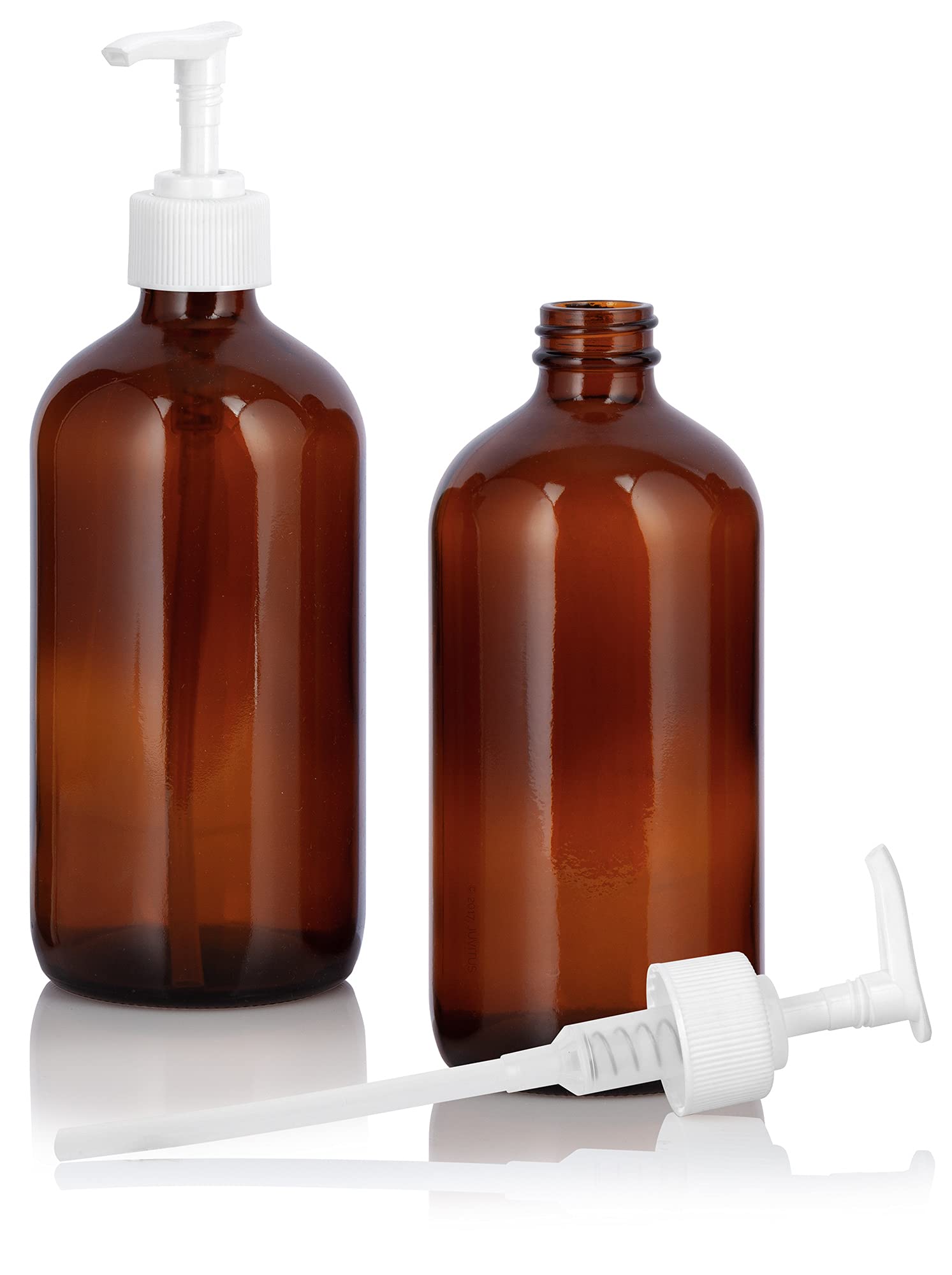 JUVITUS (2 pack) 16 oz Amber Glass Boston Round Multipurpose Bottle with White Lotion Pump