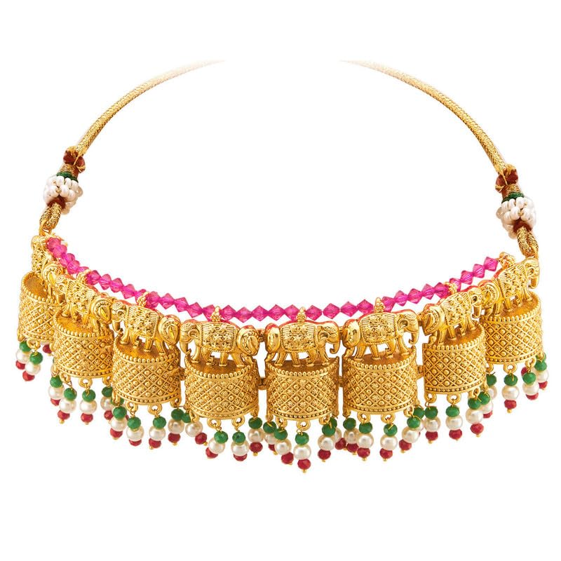 Aheli Elegante tono oro realizzato etnico festivo festa di nozze indossare collana girocollo Jhumki orecchini set per donne indiane gioielli di moda tradizionali, Metallo