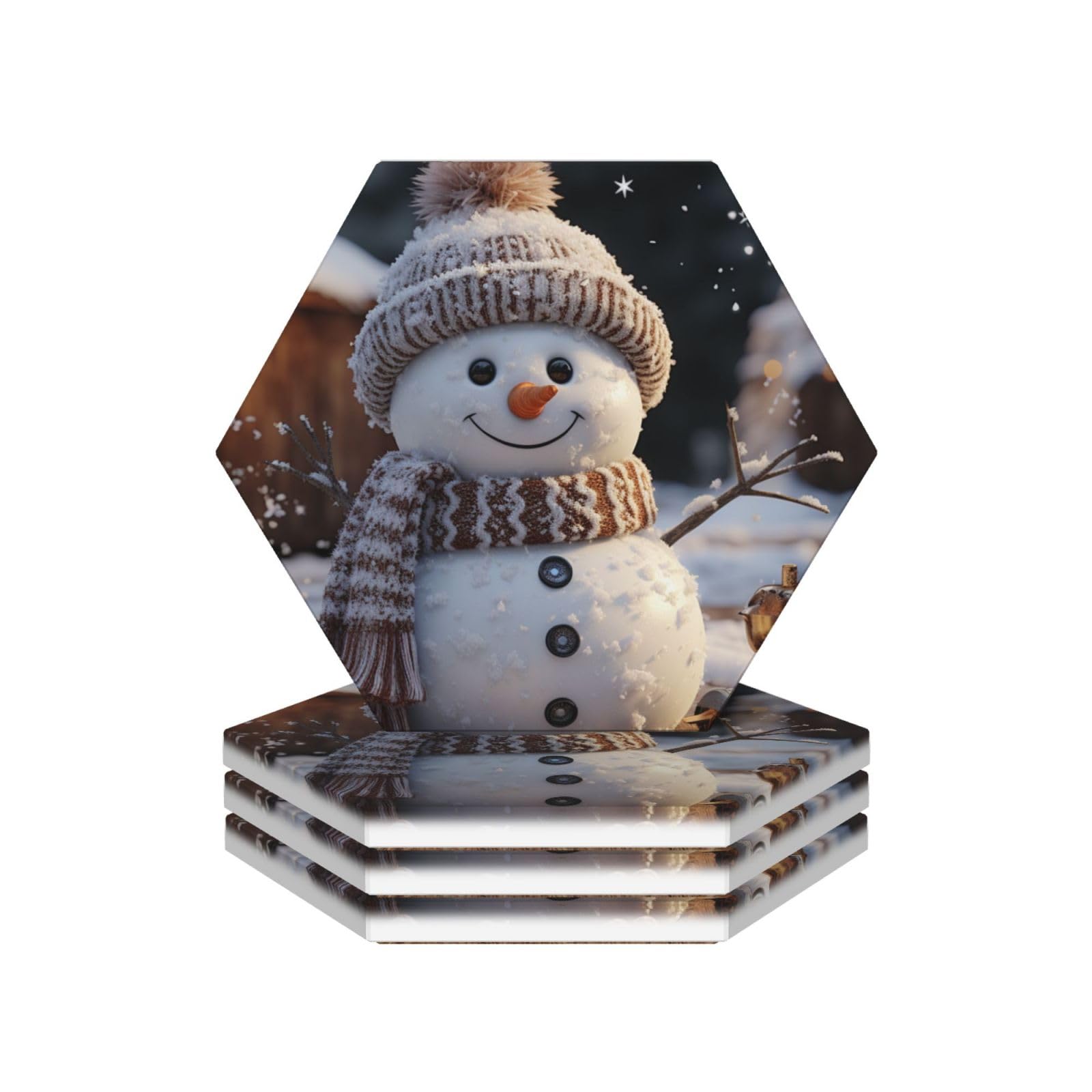 Drink Coasters Set of 4 Ceramic Coaster Snowman Coasters for Drinks Cups Mugs Mat Pads Absorbent Non-Slip Decorative Cup Coaster for Coffee Table Kitchen Bar Home Decor