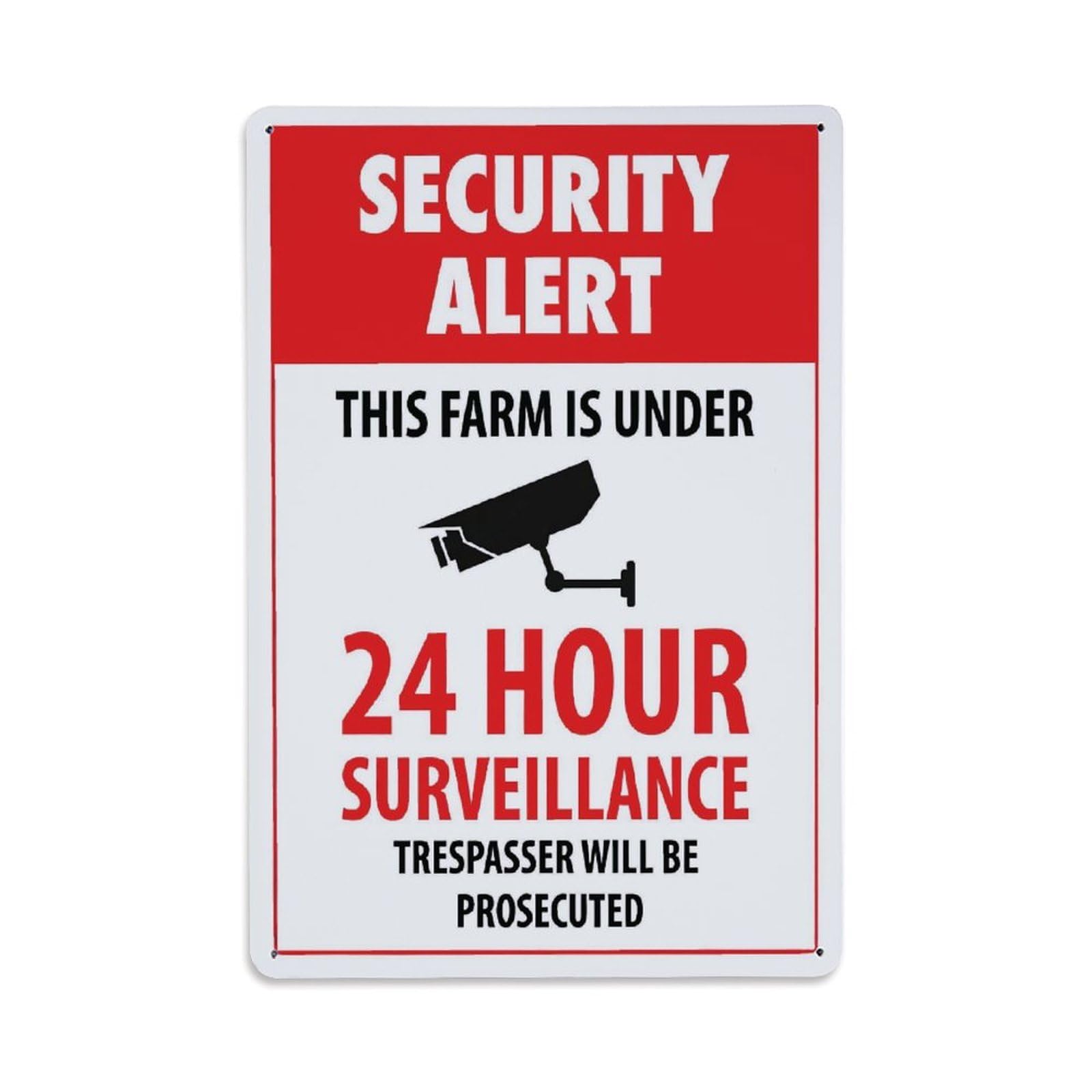 Security Alert Farm 24 Hour Video Surveillance Warning Vertical Sign Vintage Aluminium Metal Sign, Retro Wall Decor for Home, Bar, Garage & Farmhouse 30x20cm