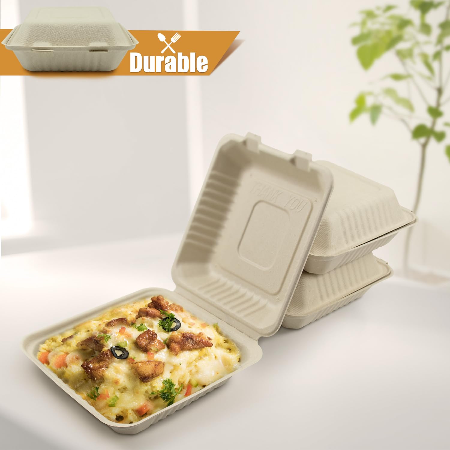 Green Earth, Cajas de comida para llevar de 8 pulgadas, 50 unidades, 1 compartimento, cubierta compostable, utensilios BAM (fibra de bambú), recipientes biodegradables, tapa con bisagras, apto para