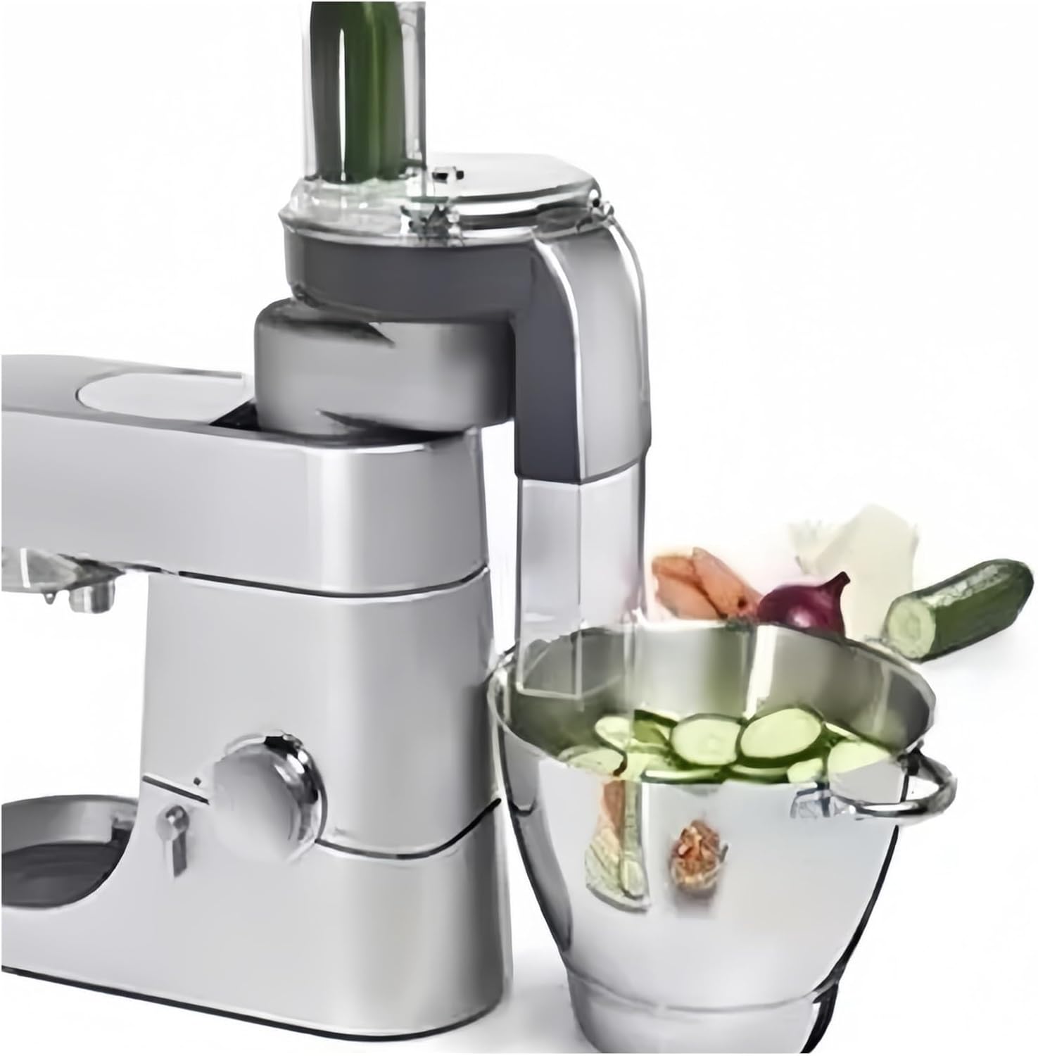 Ttgsbhj AT340 Slicer attached to a KENWOOD stand mixer, slicing cucumbers