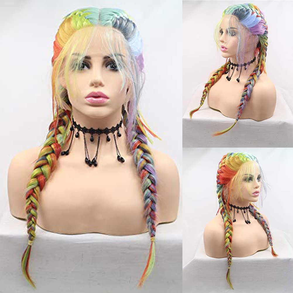 AFBeauty Cosplay Rainbow Braided Wig Glueless Handmade Braided Lace Front Wig Synthetic Colorful Double Braids Wig Heat Resistant Braiding Hair Wig for Women Party Drag Queen