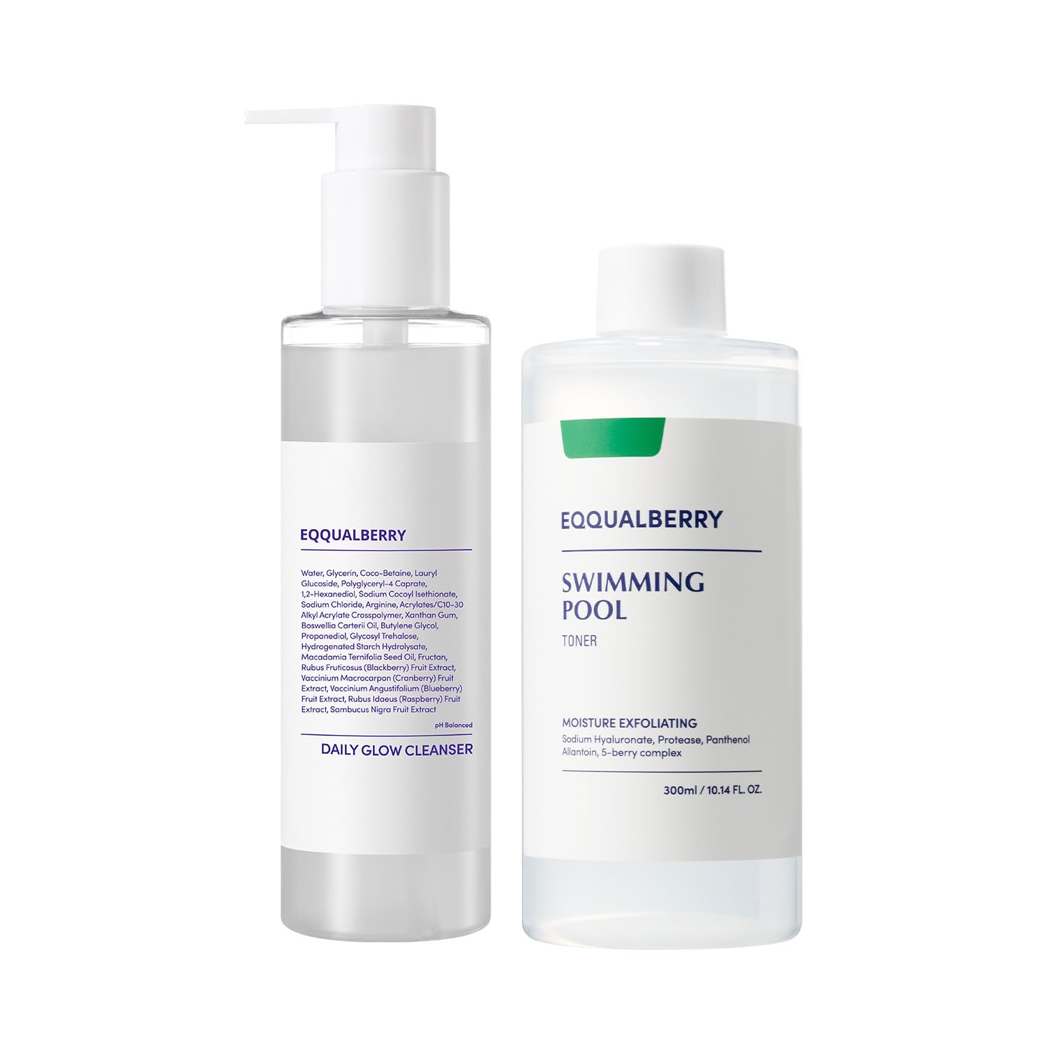 EQQUALBERRY Swimming Pool Toner & Daily Glow Gel Cleanser Set | Exfoliating Toner with Pretease for Sensitive Skin | Deep Hydrating & Moisturizing | Korean Skincare | EWG Green
