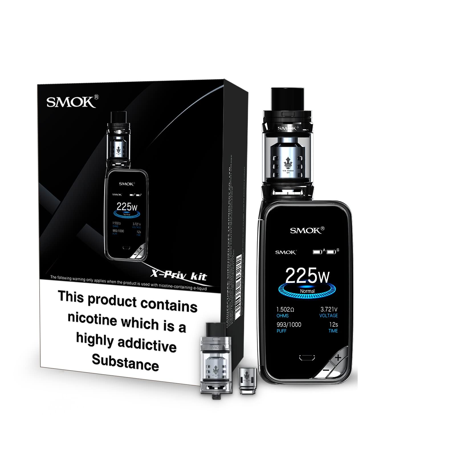 SMOKX-Priv Baby Vaping Kit, 225W MAX Output, TFV12 P-Tank 2mL, E Cigarette, E Cig (Gun Metal) No Nicotine