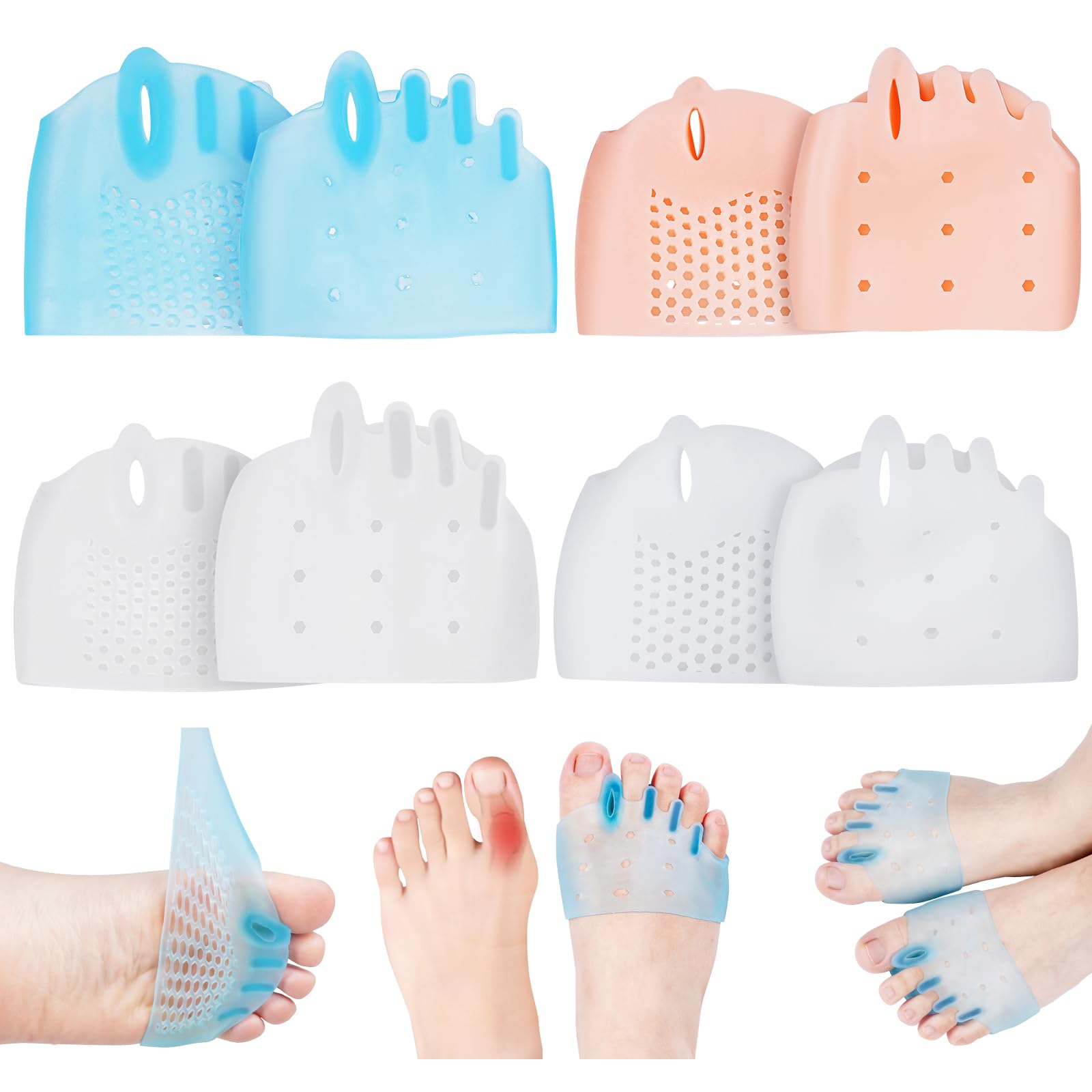 silicone toe separators for women & men, 4 packs toe separators bunion corrector cushion, breathable soft and comfortable gel foot cushions, multiple colors (4 pairs)