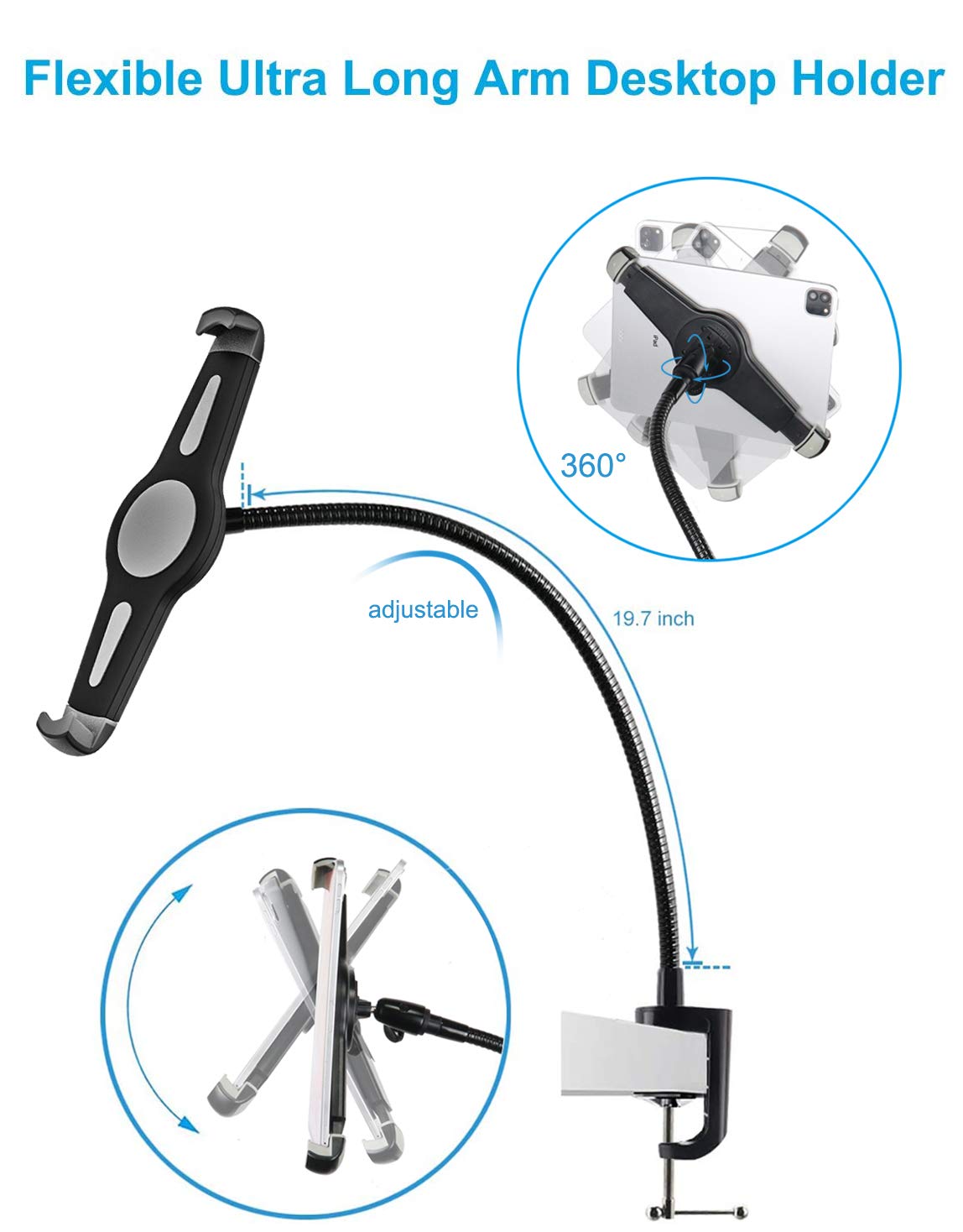 Support de Tablette réglable en col de Cygne 40 cm pour Bureau/lit pour iPad Pro/Air/Mini, iPhone, Galaxy Tabs, Autres téléphones Portables et tablettes de 4 à 13"