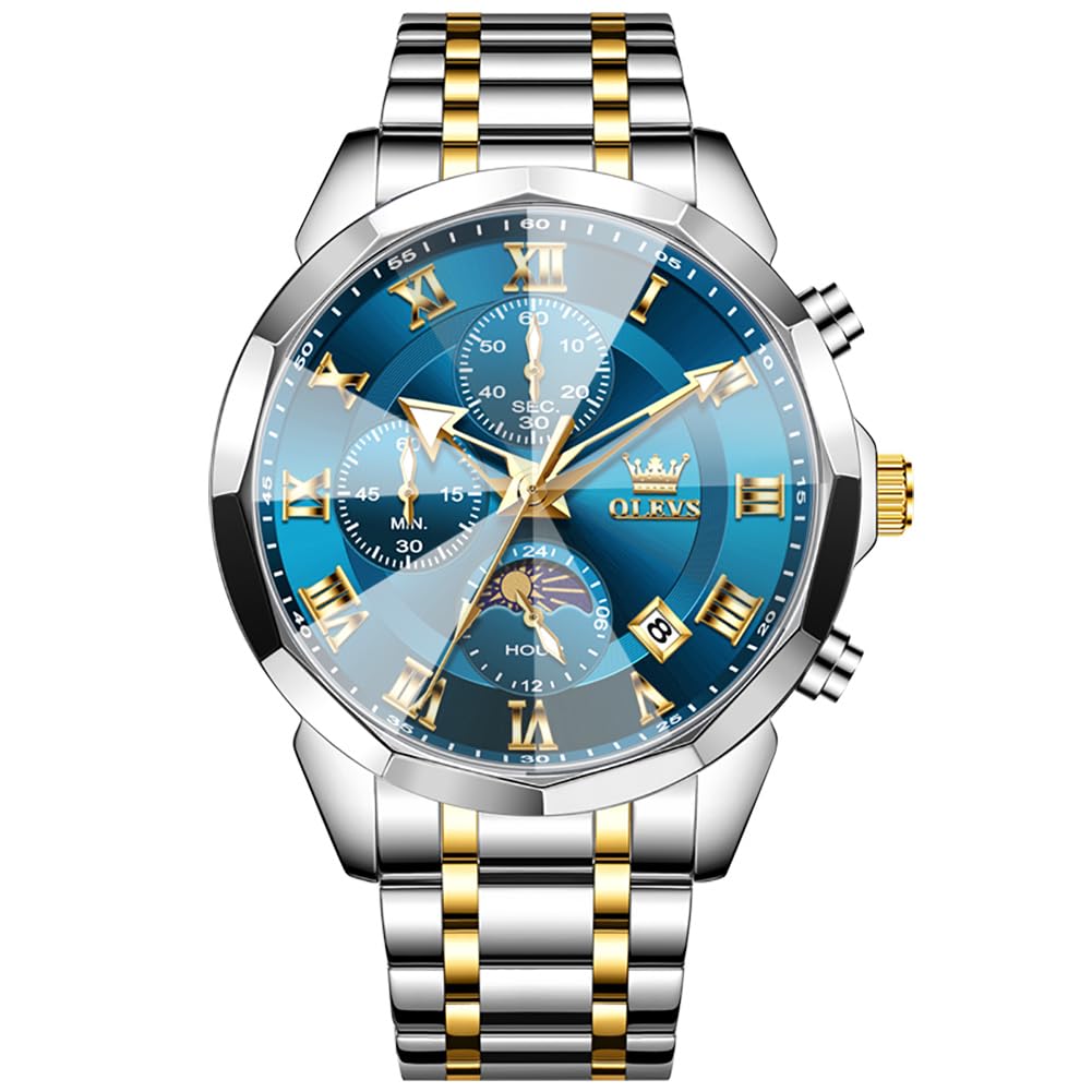 OLEVS Luxury Watches for Men Analog Quartz Waterproof Big Face Dress Stainless Steel Mens Watches Easy Read Business Classic Casual Day Date Chronograph and Moonphase Luminous Montre Homme