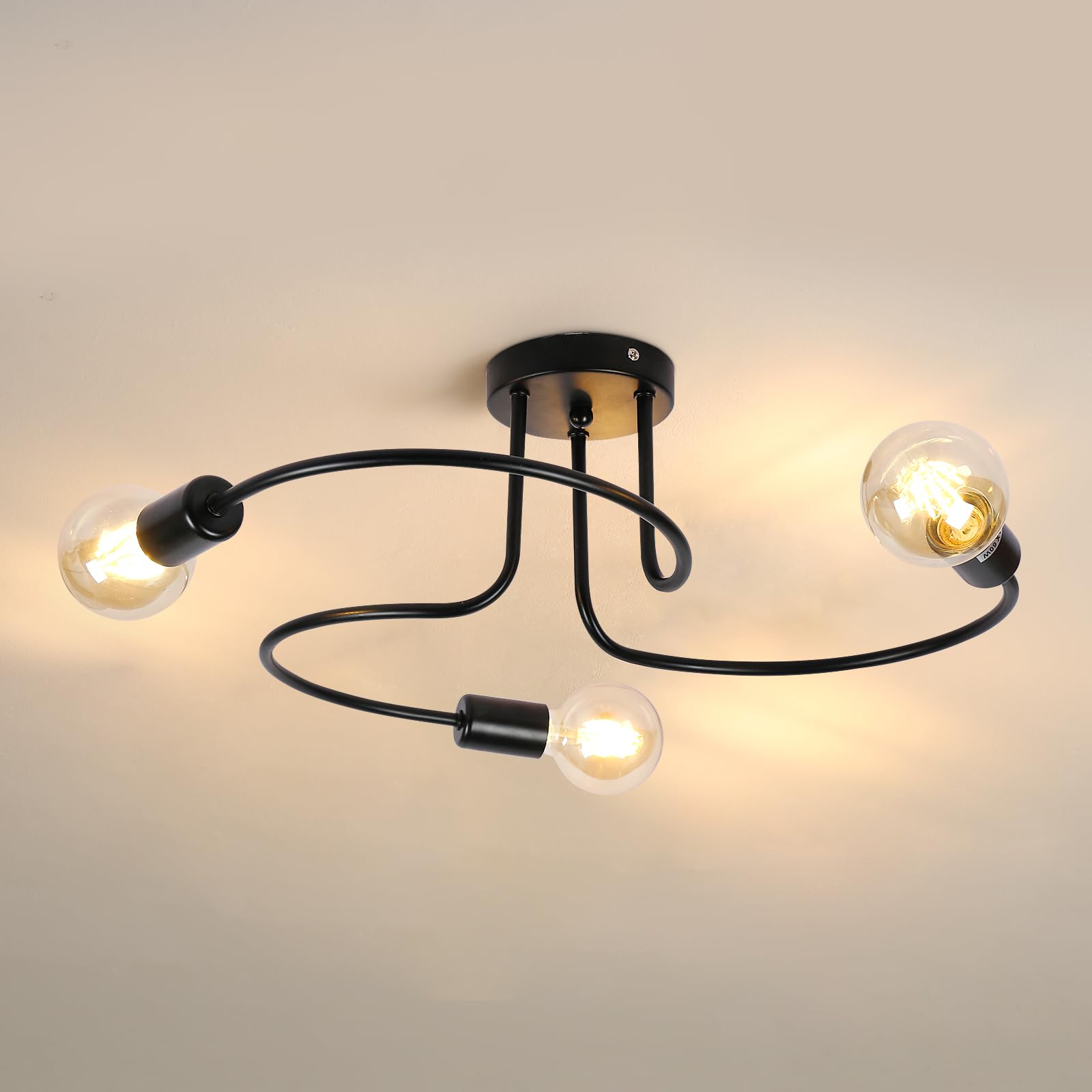 Vintage Lampada da Soffitto, Industriale Plafoniera E27 in Metallo Nera, 3 Luci Lampadario da Soffitto Moderno per Soggiorno Camera da Letto, Cucina (senza lampadine)